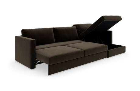 Mørkebrun sovesofa med opklappeligt opbevaringsrum i chaiselongen, frilagt på hvid baggrund.