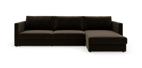 Mørkebrun hjørnesofa med højre chaiselong i enkel, moderne design på hvid baggrund.