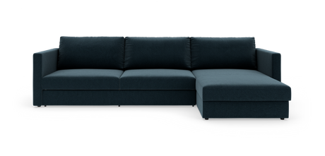 Mørk blå hjørnesofa med chaiselong til højre på hvid baggrund, set lige forfra.