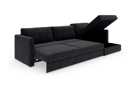 Mørkegrå sovesofa med åbent opbevaringsrum i chaiselongen, frilagt på hvid baggrund.