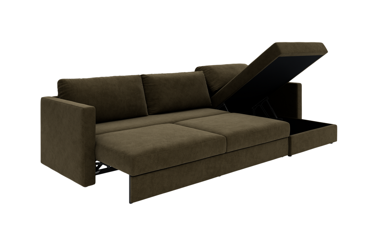 Mørk olivengrøn sovesofa med opbevaringschaise, låget løftet, vist i vinkel på hvid baggrund.
