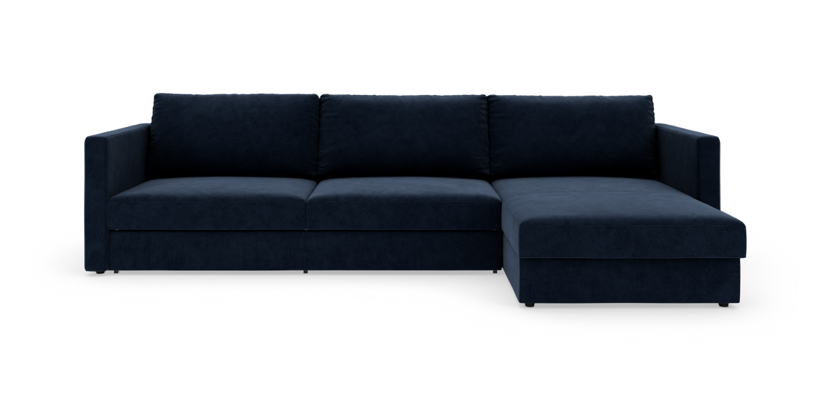 Mørkeblå hjørnesofa med chaiselong til højre, frilagt på hvid baggrund.