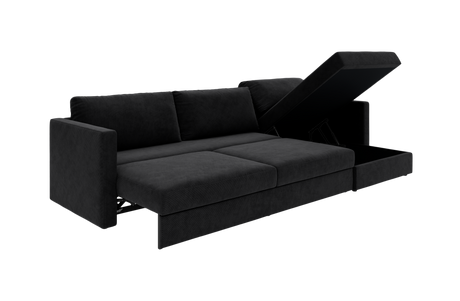 Sort sovesofa med hævbar chaiselong og opbevaringsrum, fritlagt produktbillede.