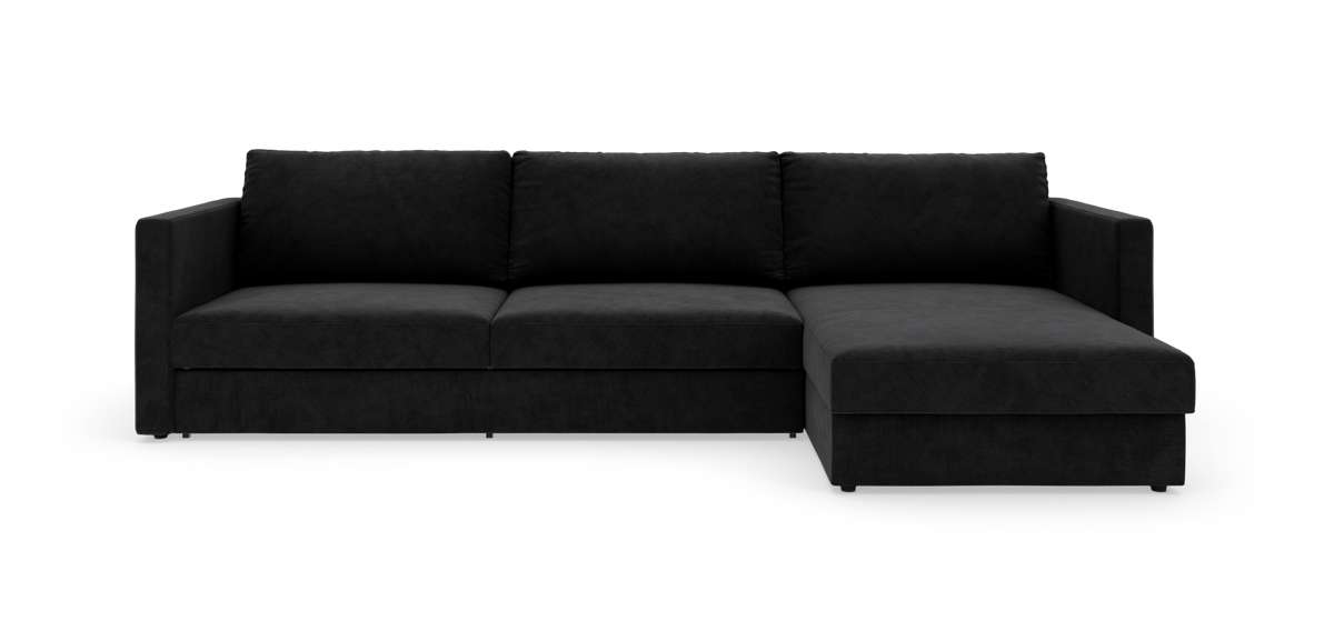 Sort hjørnesofa med chaiselong til højre, frilagt på hvid baggrund.