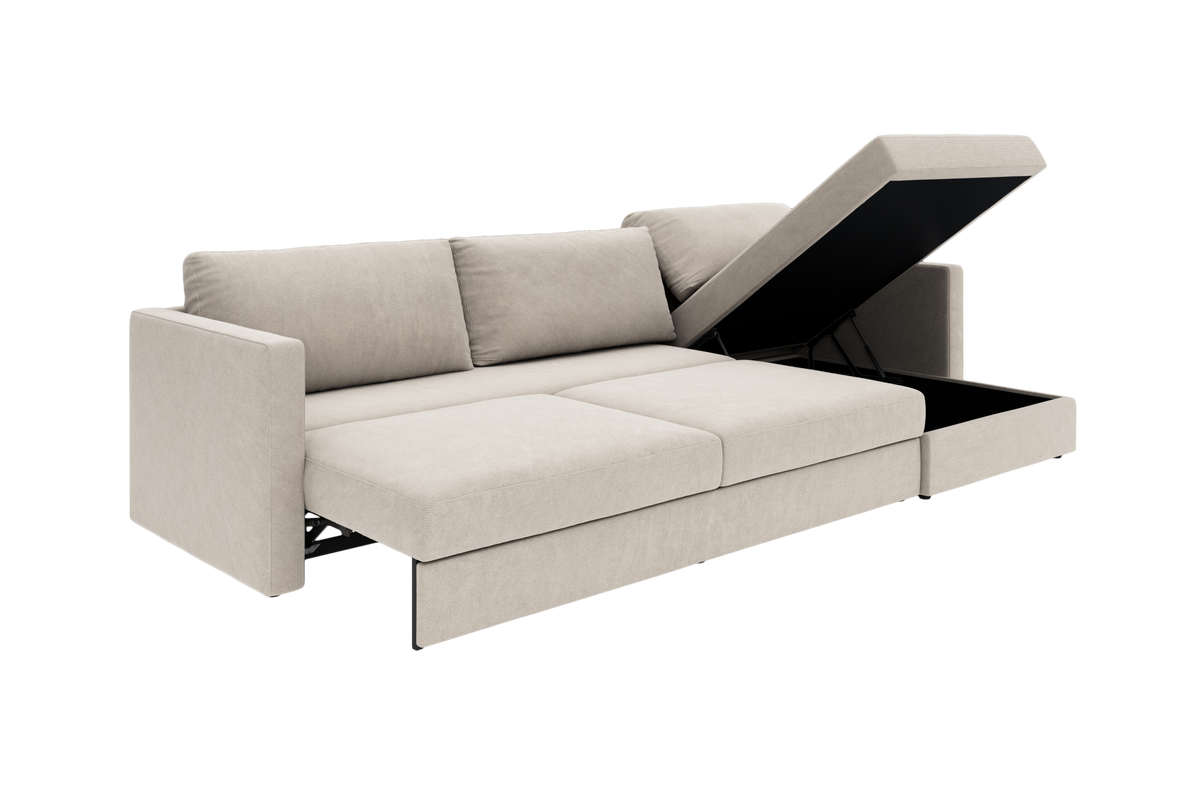 Beige 3-personers sofa med åbningsbar chaiselong og opbevaringsrum, fritlagt produktbillede i studie.
