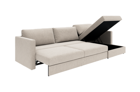Beige 3-personers sofa med åbningsbar chaiselong og opbevaringsrum, fritlagt produktbillede i studie.