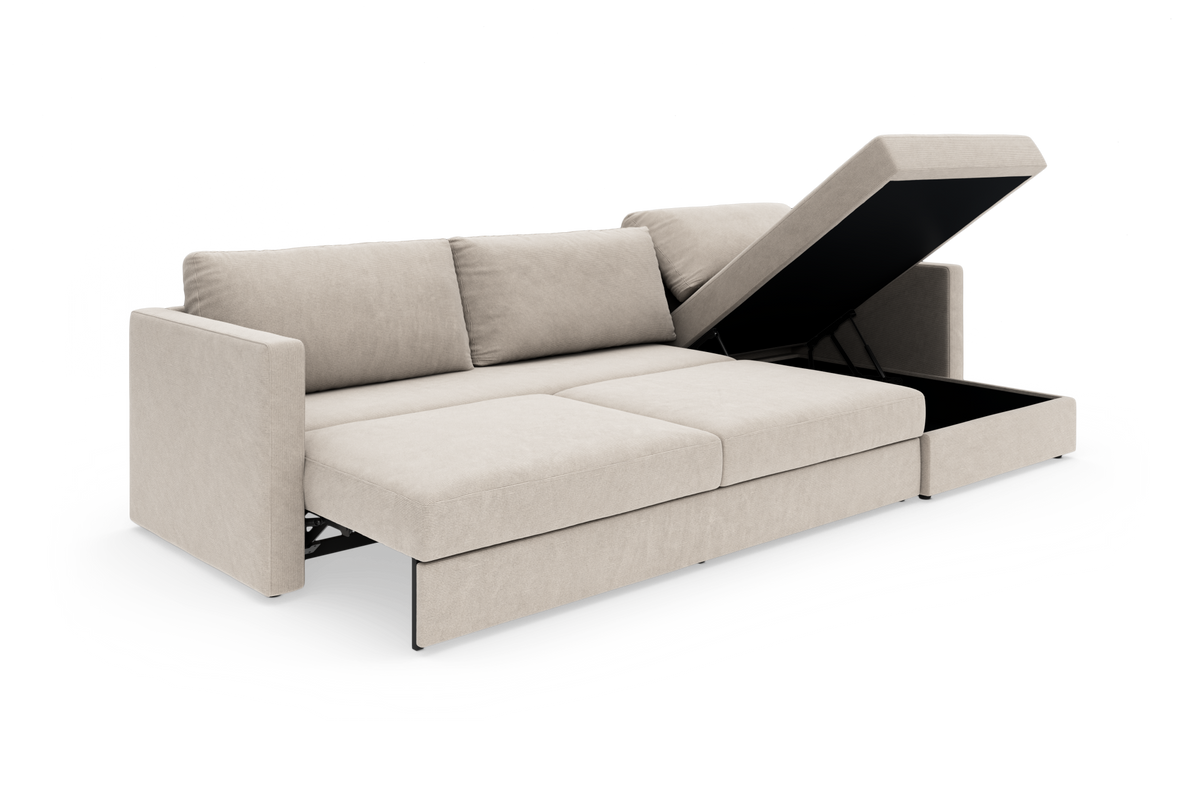 Beige sovesofa med åben chaiselong og integreret opbevaring, frilagt på hvid baggrund.