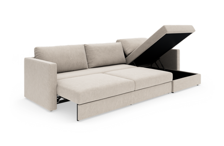 Beige sovesofa med åben chaiselong og integreret opbevaring, frilagt på hvid baggrund.