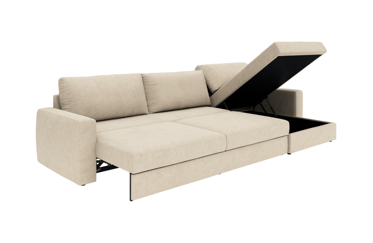 Beige sovesofa med åbent opbevaringschaise-longue, set skråt forfra.