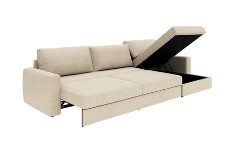 Beige sovesofa med åbent opbevaringschaise-longue, set skråt forfra.