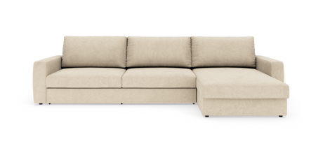 Beige hjørnesofa med chaiselong til højre, tre sædehynder og lige armlæn.