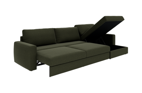 Mørkegrøn sovesofa med løftet opbevaringsrum i chaiselongen, vist i udslået sengeposition.