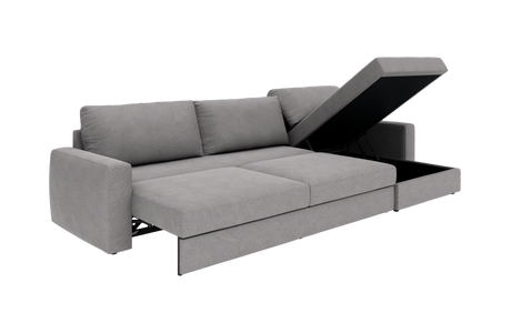 Lysegrå sovesofa med chaiselong og opklappeligt opbevaringsrum, vist i skrå frontvinkel.