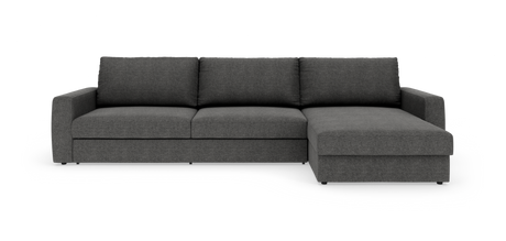 Mørkegrå hjørnesofa med højrevendt chaiselong, enkel lige design og tre ryghynder, frilagt på hvid baggrund.