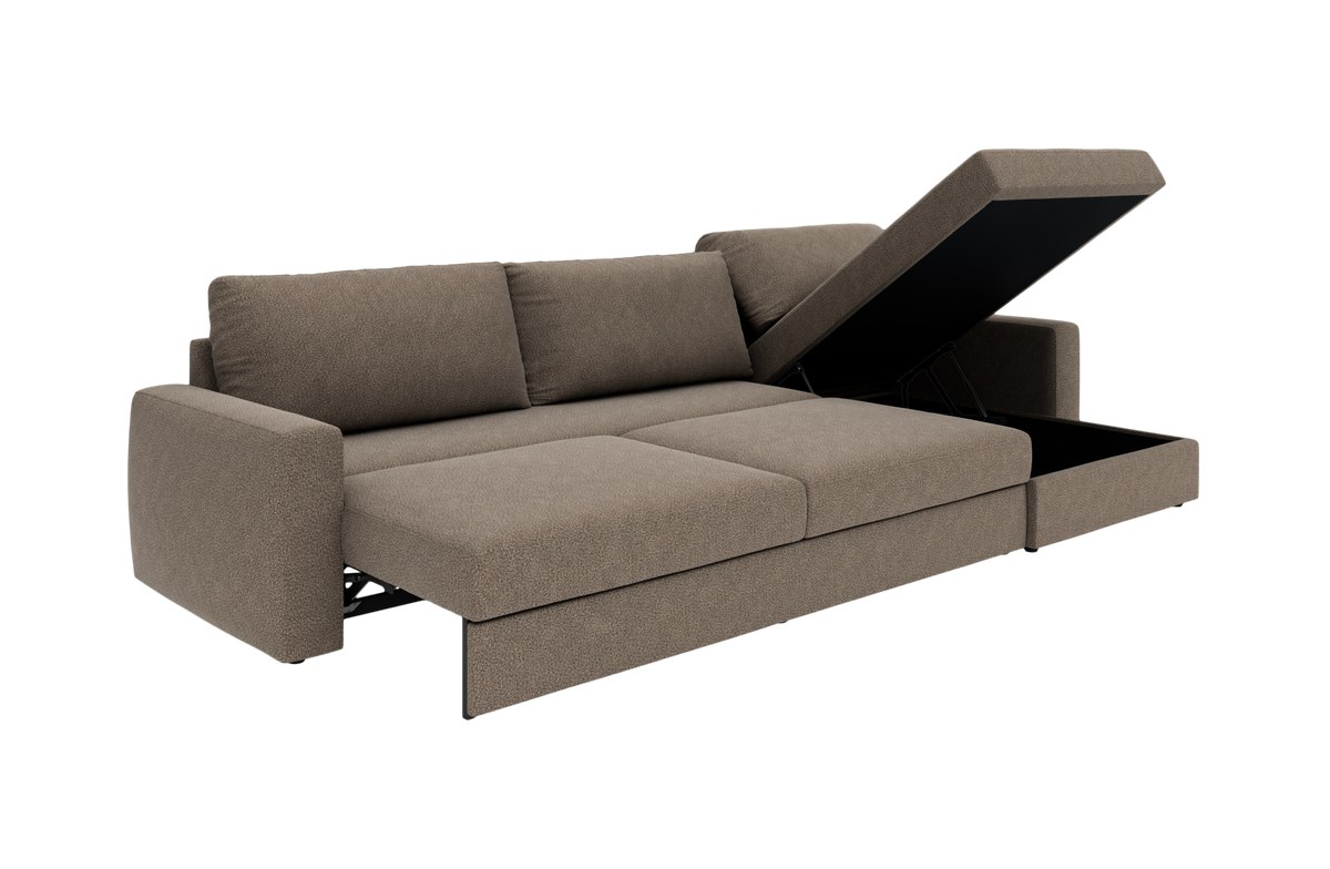 Brun sovesofa med løftbart chaiselong-opbevaringsrum, frilagt på hvid baggrund.