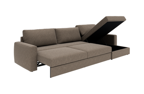 Brun sovesofa med løftbart chaiselong-opbevaringsrum, frilagt på hvid baggrund.