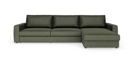 Grøn hjørnesofa med chaiselong til højre, fotograferet lige forfra på hvid frilagt baggrund.