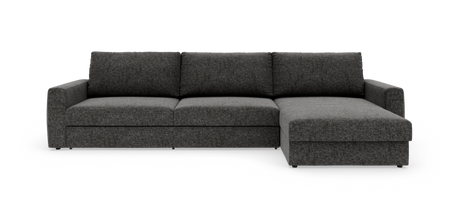 Mørkegrå hjørnesofa med chaiselong til højre på hvid studiobaggrund.