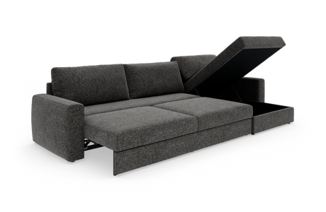 Mørkegrå sovesofa med åben chaiselong og skjult opbevaring, vist som frilagt studieproduktfoto.