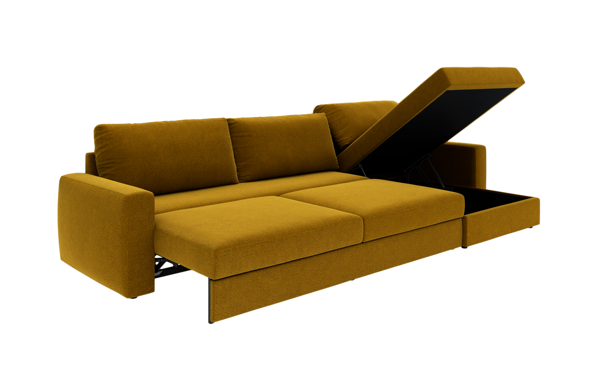 Sennepsgul sovesofa med åbent opbevaringsrum i chaiselong, vist i vinklet produktfoto på hvid baggrund.