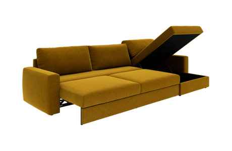 Sennepsgul sovesofa med åbent opbevaringsrum i chaiselong, vist i vinklet produktfoto på hvid baggrund.