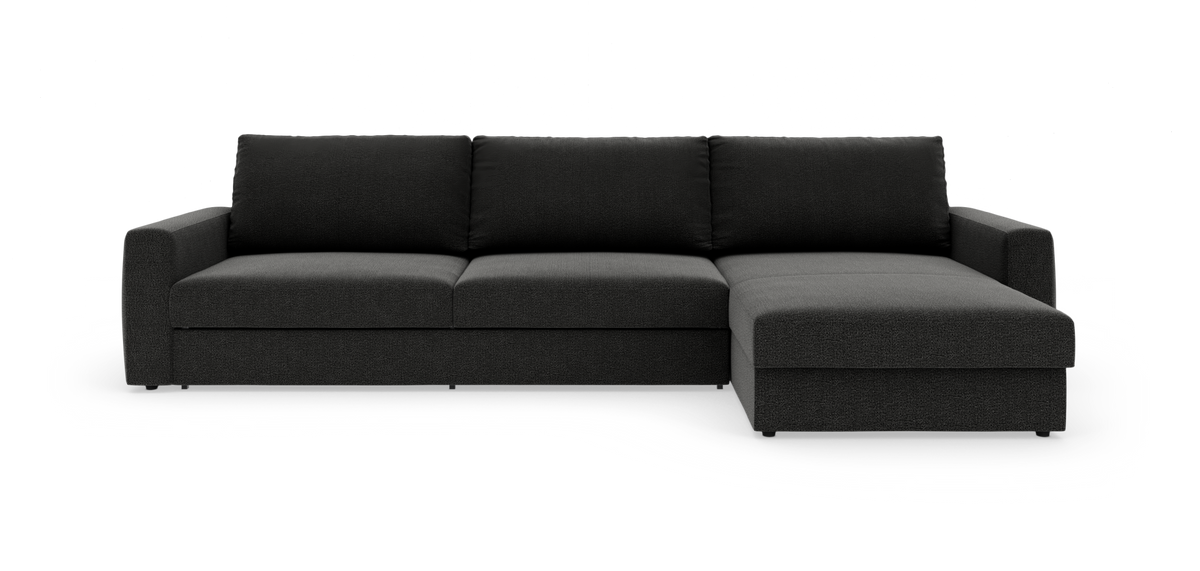 Mørkegrå hjørnesofa med chaiselong på højre side, enkel moderne design på hvid baggrund.