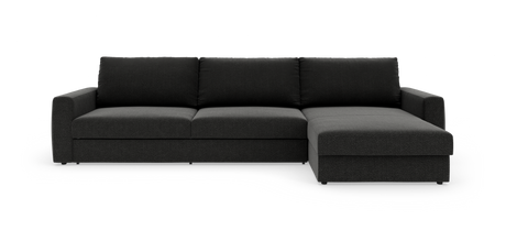 Mørkegrå hjørnesofa med chaiselong på højre side, enkel moderne design på hvid baggrund.