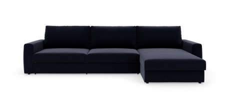 Mørkeblå L-formet hjørnesofa med chaiselong til højre, studiebillede på hvid baggrund.