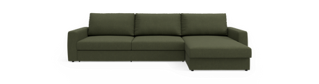 Grøn hjørnesofa med chaiselong til højre, frilagt på sort baggrund, set forfra.