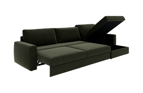 Mørkegrøn sovesofa i moderne design med åbningsbar chaiselong med opbevaring, tre ryghynder og brede armlæn, frilagt på hvid baggrund.
