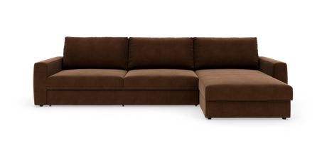Brun hjørnesofa med chaiselong til højre, fritlagt på hvid baggrund.