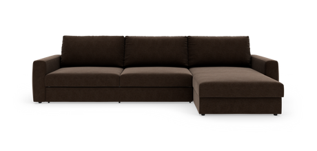 Mørkebrun hjørnesofa med chaiselong til højre, set forfra på hvid baggrund.