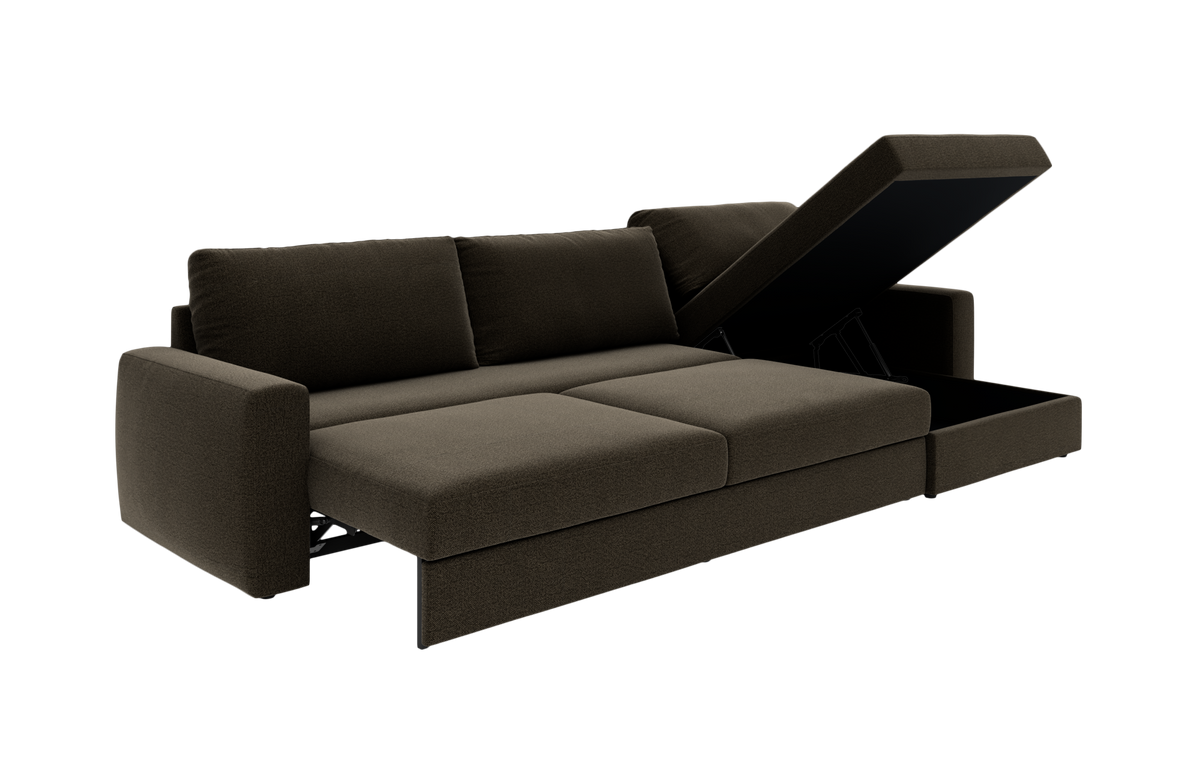 Mørkebrun sovesofa med åben chaiselong med opbevaring, frilagt produktfoto.
