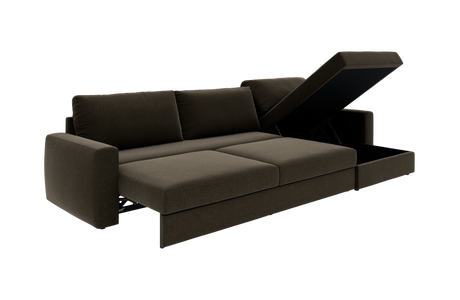 Mørkebrun sovesofa med åben chaiselong med opbevaring, frilagt produktfoto.
