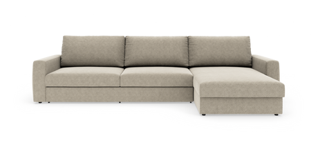 Beigefarvet modulsofa med chaiselong i højre side, frilagt mod hvid baggrund i frontal visning.