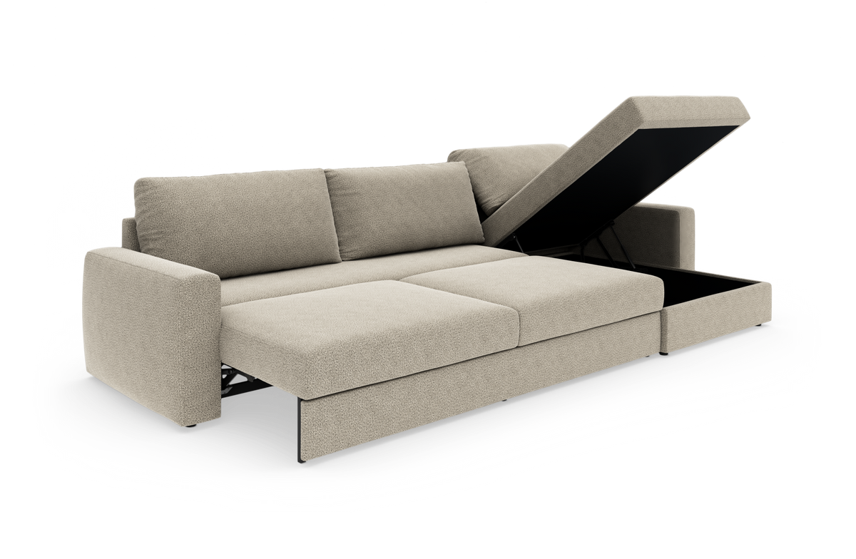 Beige sovesofa med opklappelig chaiselong og opbevaringsrum, vist i trekvart vinkel.