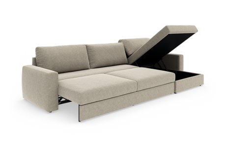 Beige sovesofa med opklappelig chaiselong og opbevaringsrum, vist i trekvart vinkel.