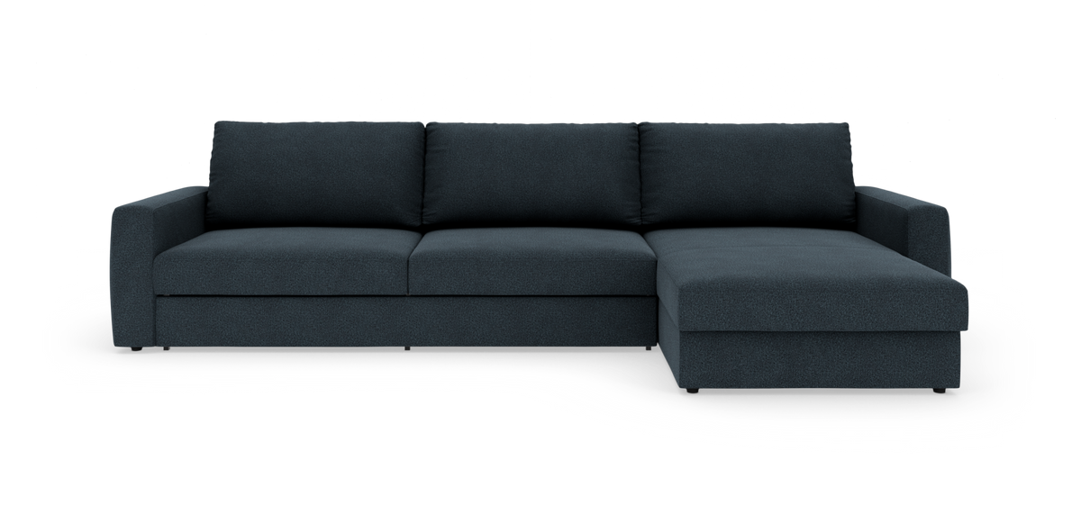 Mørkeblå hjørnesofa med chaiselong til højre, frilagt på hvid baggrund.