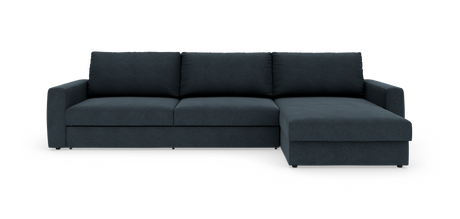 Mørkeblå hjørnesofa med chaiselong til højre, frilagt på hvid baggrund.