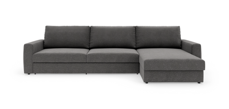 Mørkegrå modulsofa med chaiselong til højre på hvid studiobaggrund.