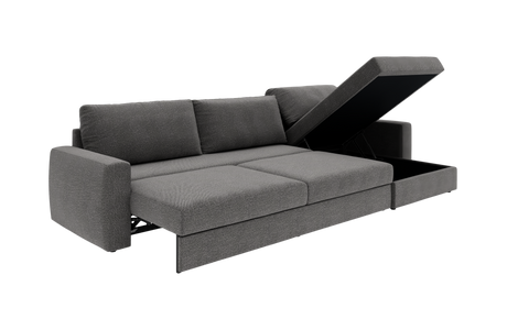 Grå sovesofa med åben chaiselong og opbevaringsrum, vist i 3/4‑vinkel i studiemiljø.