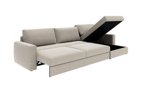 Beige sovesofa med chaiselong og åbent opbevaringsrum, vist i studie mod hvid baggrund.