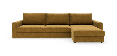 Sennepsgul L‑sofa med chaiselong til højre i moderne stil på hvid baggrund.