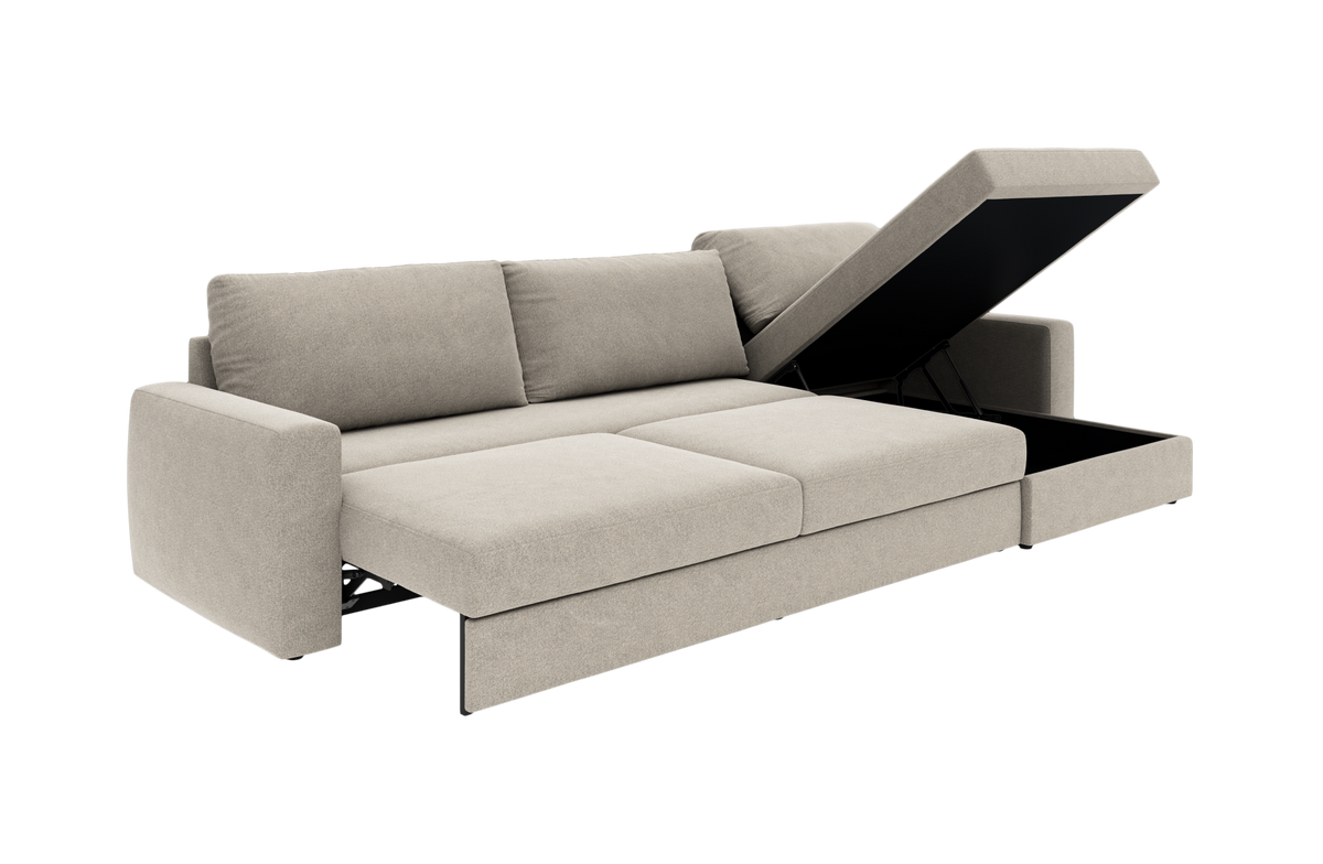 Beige sovesofa med chaiselong og åben opbevaring i chaiselongen, frilagt produktfoto i vinkel.