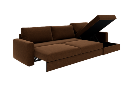 Brun sovesofa med åbent opbevaringschaise, fotograferet skråt forfra mod hvid baggrund.