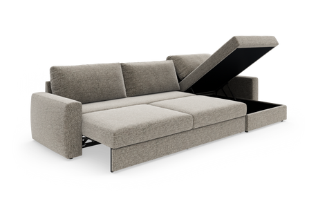 Beige/grå hjørnesofa med sovefunktion og løftbar chaiselong med opbevaring, frilagt i studiemiljø.