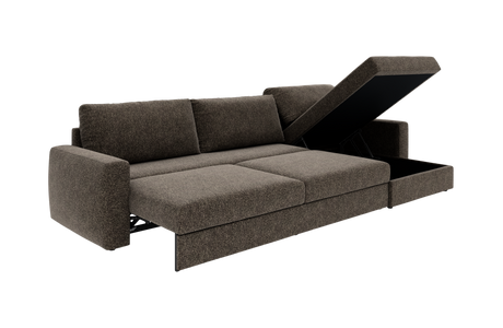 Brungrå sovesofa i stof med åbningsbar chaiselong og integreret opbevaring.