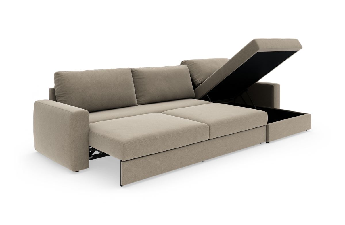 Beige sovesofa med chaiselong og integreret opbevaring, vist som frilagt produktbillede i vinkel.