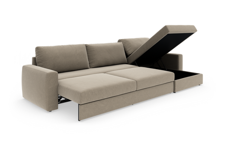 Beige sovesofa med chaiselong og integreret opbevaring, vist som frilagt produktbillede i vinkel.