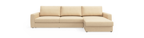 Beige hjørnesofa med chaiselong til højre, tre ryghynder og lige armlæn, frilagt på transparent baggrund.